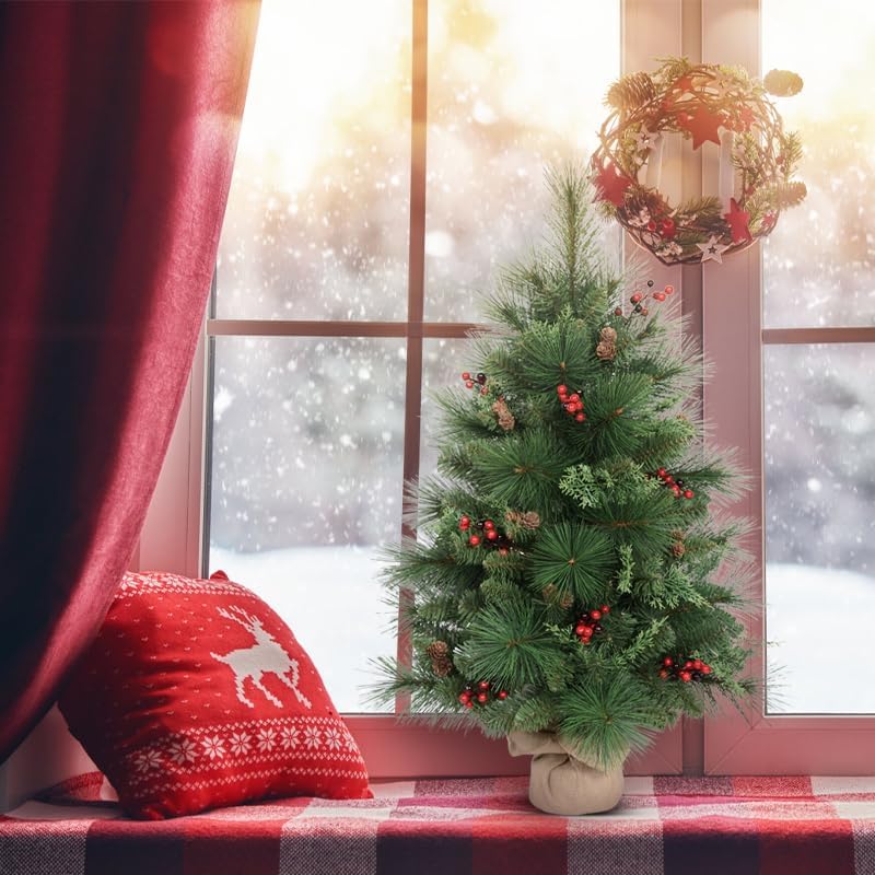 Árbol de Navidad pequeño de 3 pies con 172 puntas de rama, aguja de mano, mini árbol mixto de polietileno y PVC, árboles de Navidad artificiales de