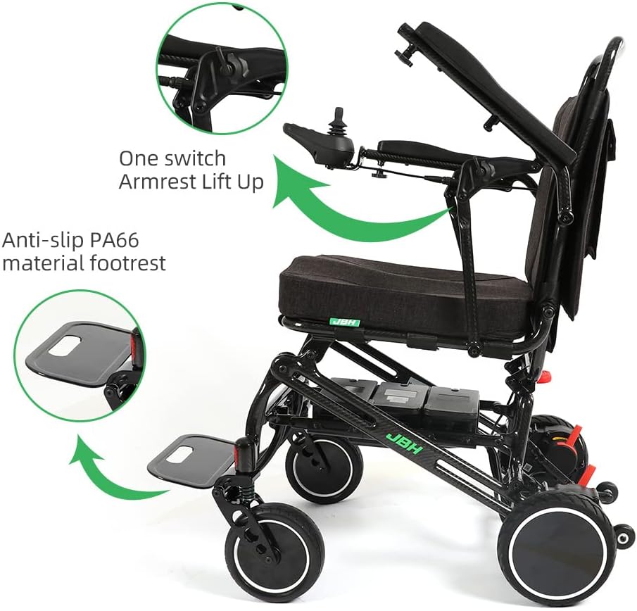 JBH Sillas de ruedas plegables de fibra de carbono súper ligeras de 39 libras, Silla de ruedas motorizada compacta, Silla de ruedas plegable