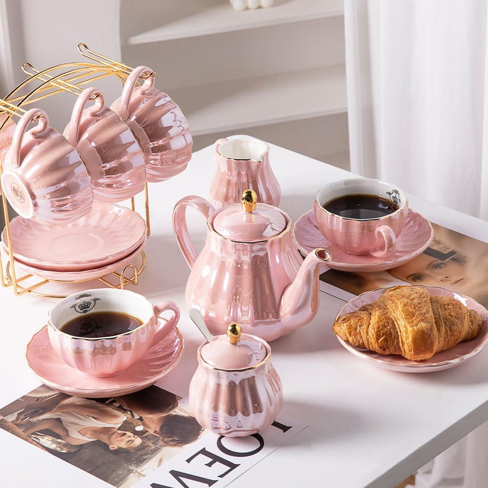 Juegos de té de porcelana de la serie British Royal, tazas y platillo de 8 onzas para 6, con tetera, azucarero, jarra de crema, cucharaditas y