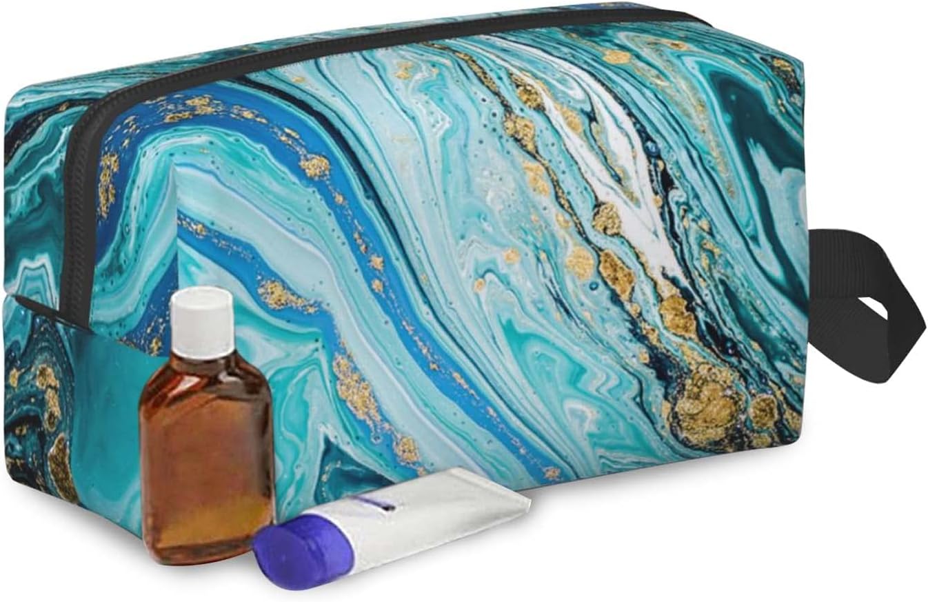 Neceser de viaje, bolsa de maquillaje grande, bolsa de afeitado portátil, bolsa de lavado para viajes, gimnasio, camping, Mármol azul dorado