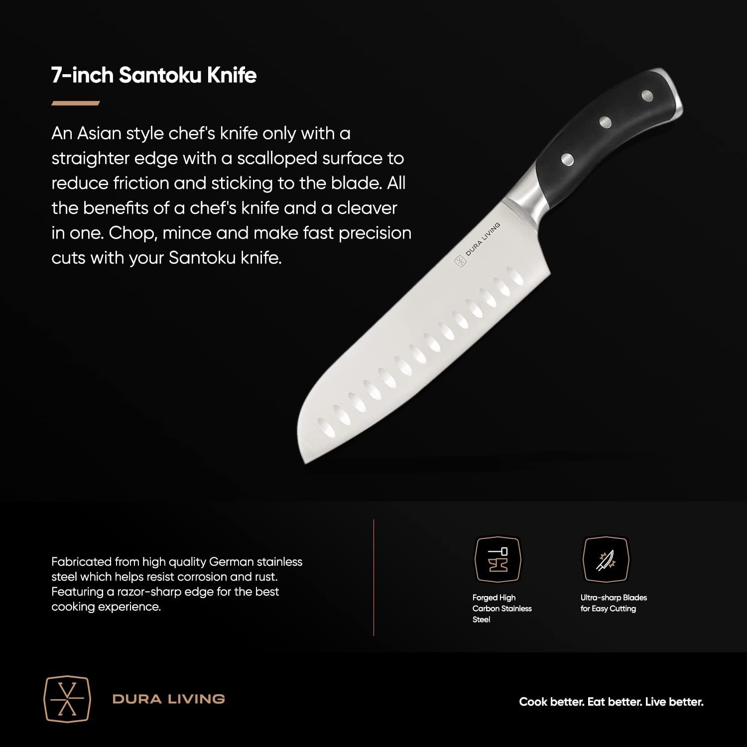 DURA LIVING Santoku – Cuchillo de cocina de 7 pulgadas, acero inoxidable alemán de alto carbono ultra afilado, cuchillos Santoku con mango