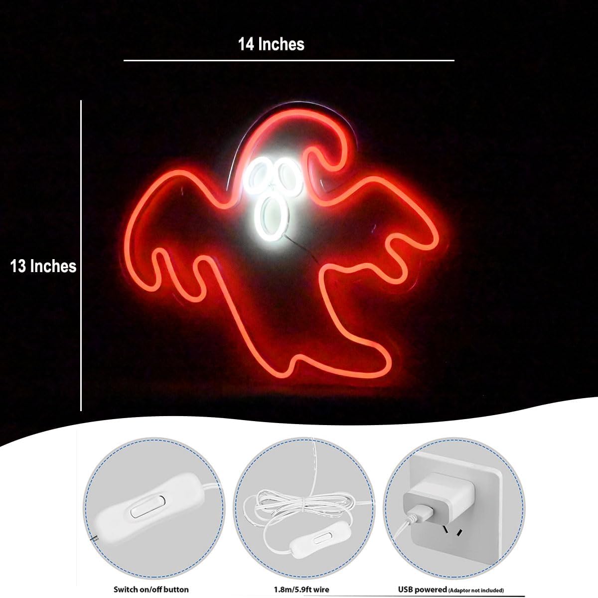 Luz de neón fantasma de Halloween, luz LED de fantasma rojo, luz de decoración de fiesta de interiores, decoración colgante de 14 pulgadas, letrero