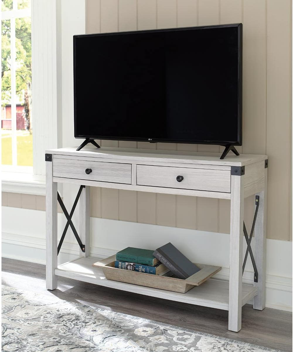Signature Design by Ashley Bayflynn – Mesa de sofá moderna estilo granja, color blanco lavado