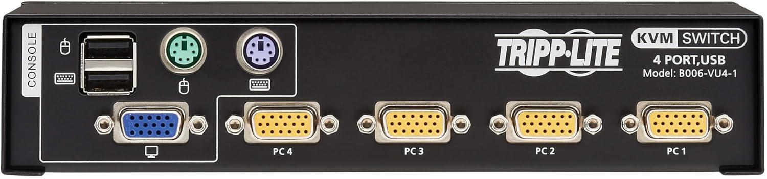 Tripp Lite Conmutador KVM de 4 puertos VGA con puerto USB o PS2 para teclado, mouse, PC de escritorio, 4 computadoras 1 monitor, Plug and Play,