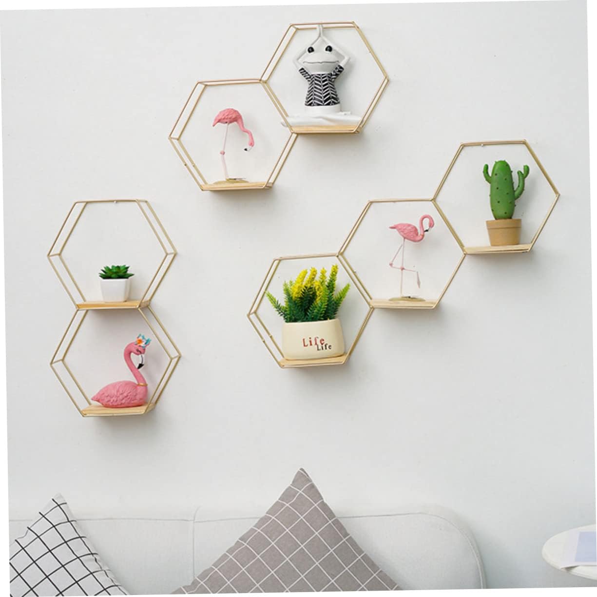 Cabilock Estante de pared para plantas pequeñas, soportes de metal para contenedores de madera, estantes de pared, decoración de alambre hexagonal,