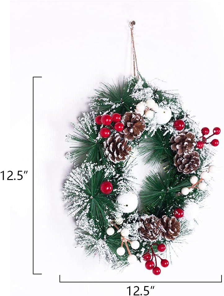 Corona de decoración de Navidad para puerta delantera, colgante de pared, bola de nieve, bayas rojas, piña, cono, adorno para fiesta de Navidad,