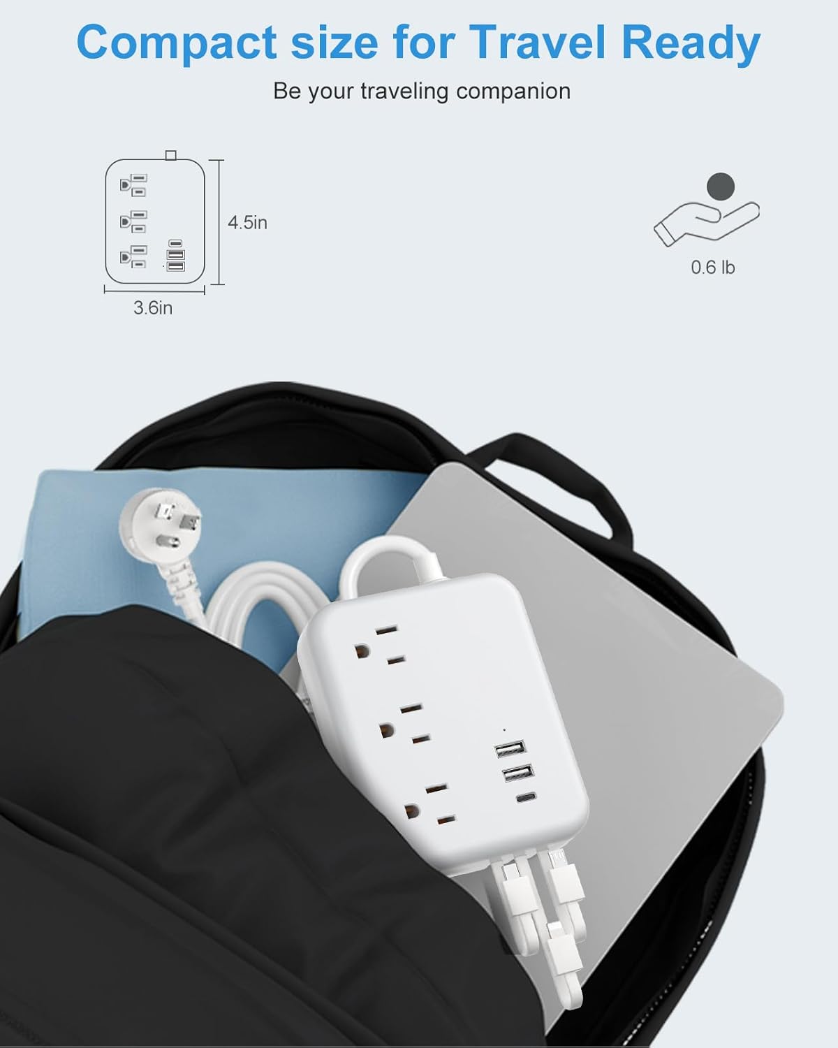 Regleta de alimentación de viaje con puertos USB, 3 cables integrados, cable de extensión de enchufe plano, 3 tomacorrientes, 6 USB con cable de