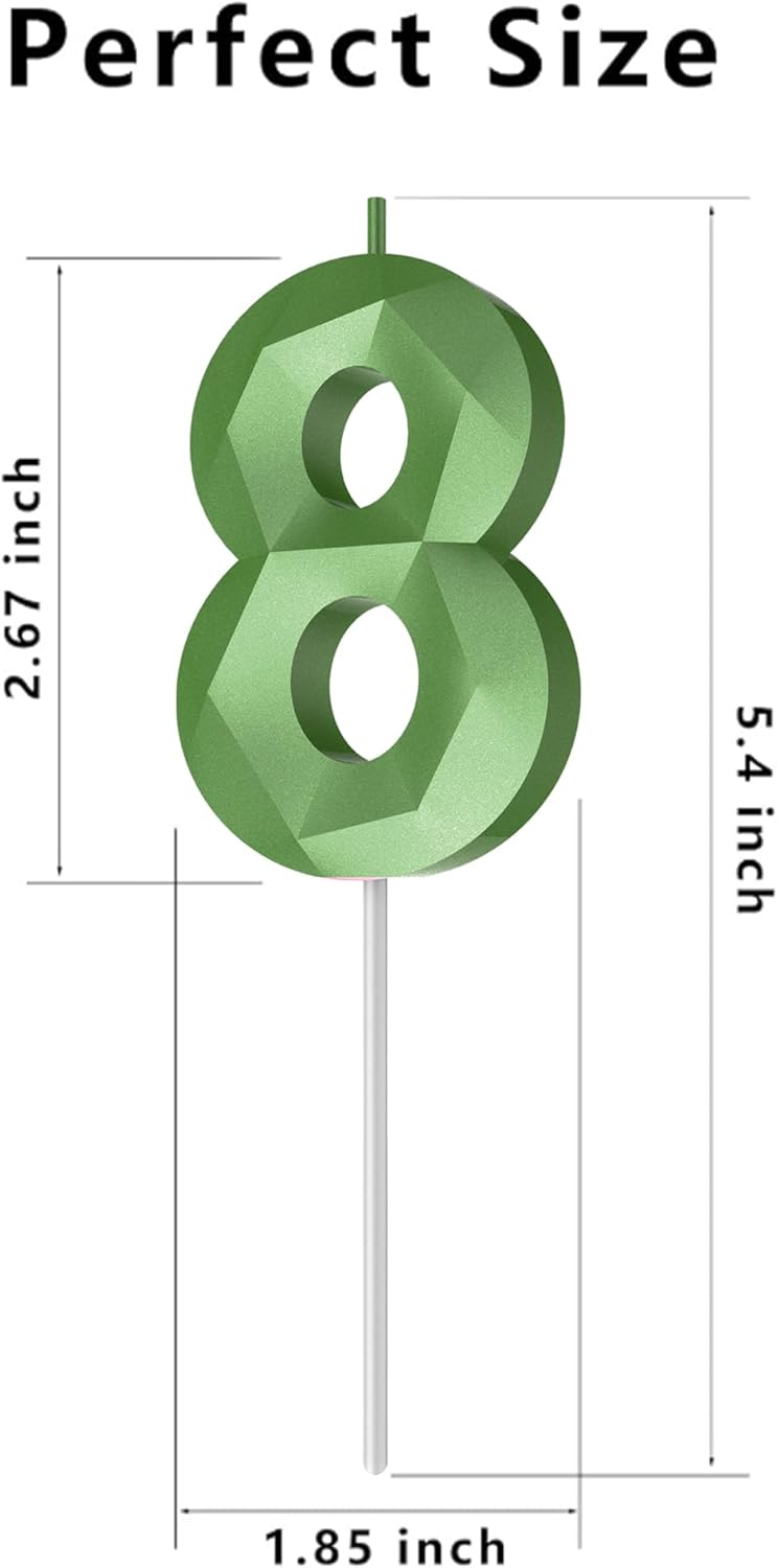 Velas de cumpleaños con número (8 velas verdes) con forma de diamante 3D, velas de pastel de feliz cumpleaños para fiesta de cumpleaños, boda,
