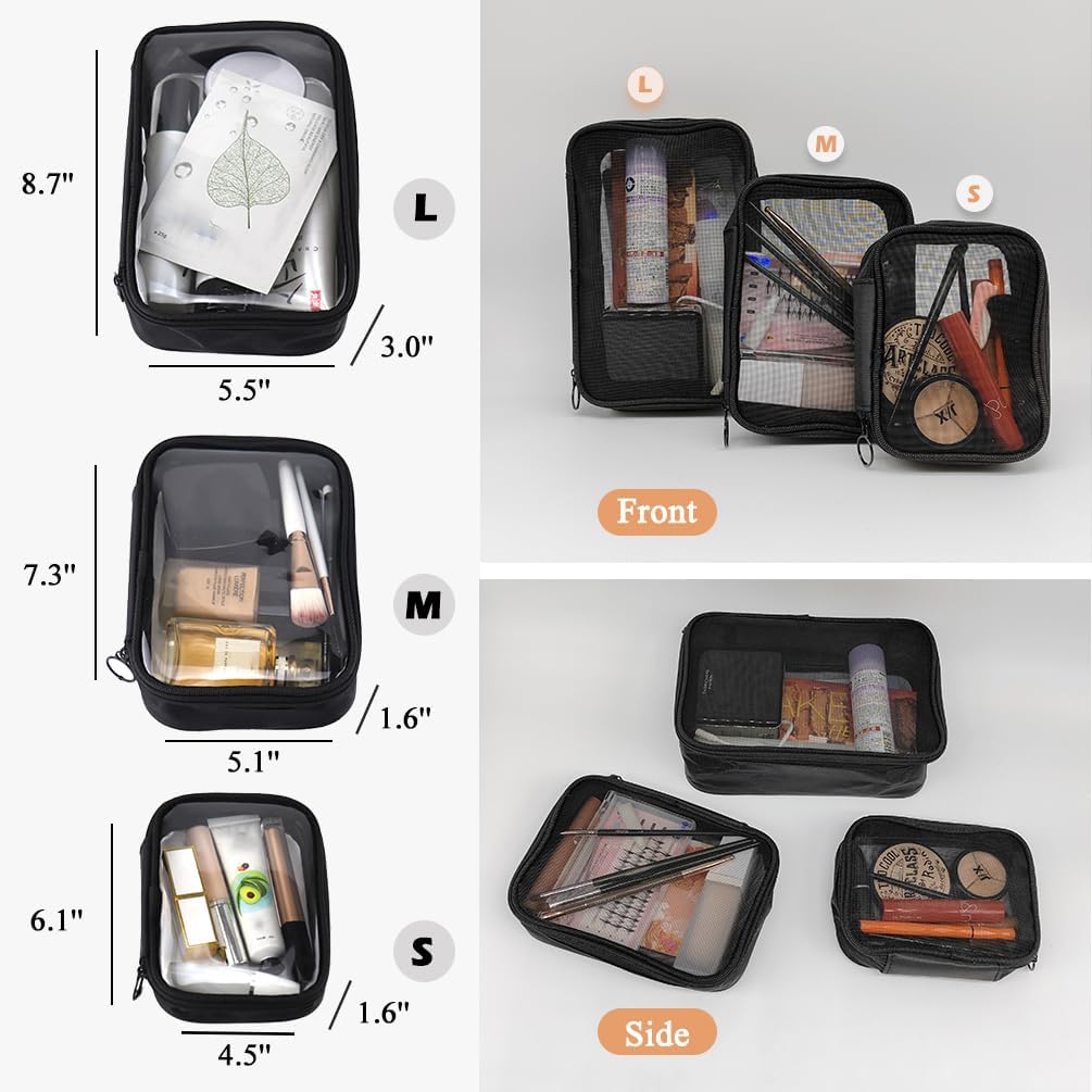 Bolsa de maquillaje, bolsa de aseo ligera para viajes, bolsa de maquillaje compacta con cremallera, color negro, Malla Negra