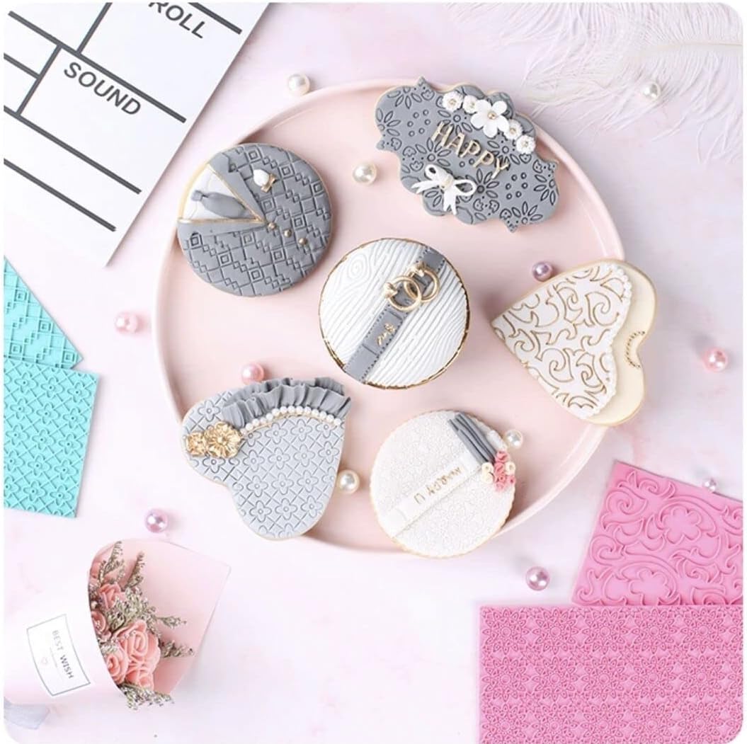 Anyana Juego de 12+6 moldes de glaseado en relieve de plástico gratis Kits de madera ladrillo adoquín acolchado cuadrícula diamante diseños