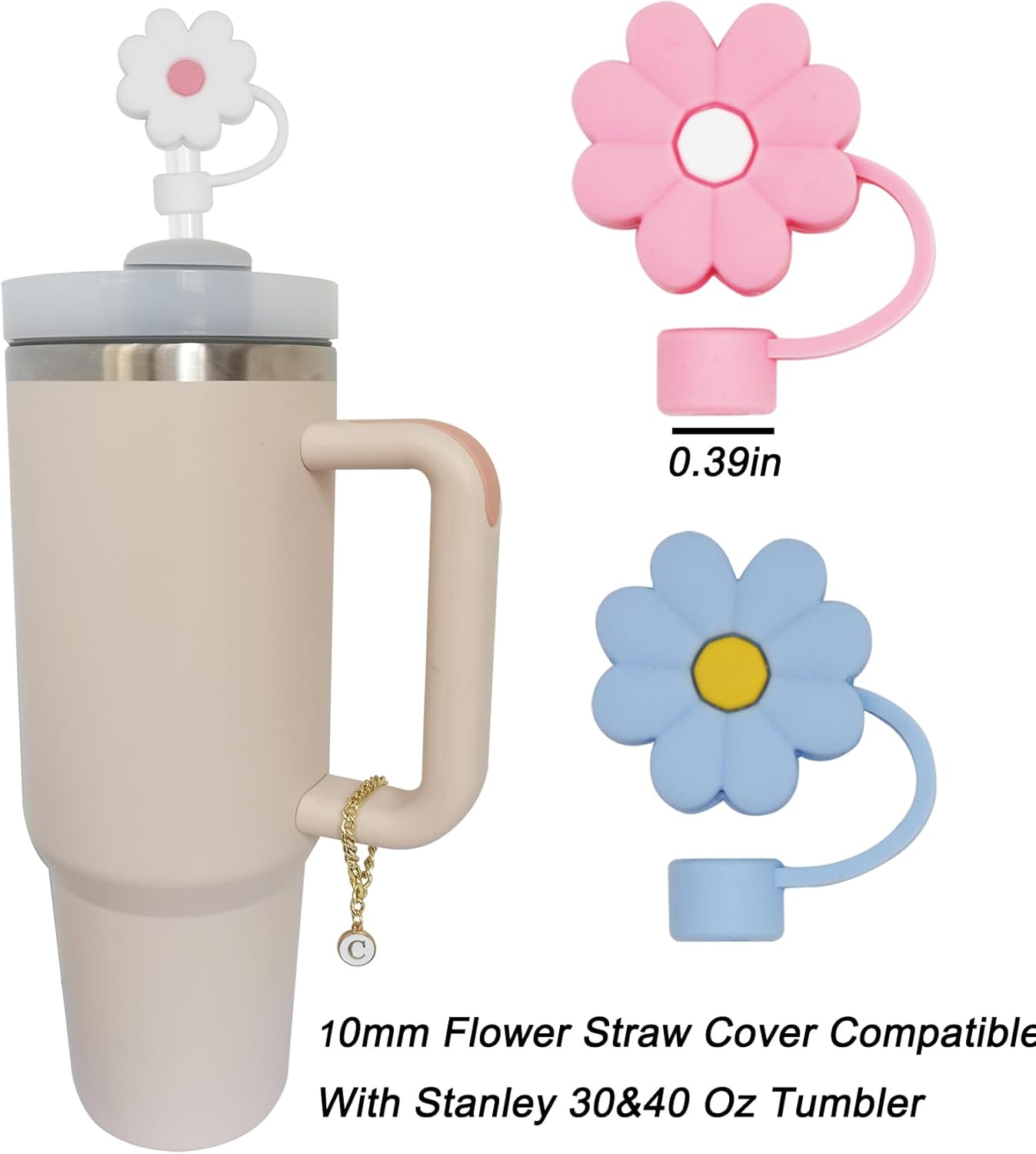 Stanley Cup 3 piezas de 30 y 40 onzas, 0.394 in de silicona con diseño de flores, tapa protectora con 2 dijes de letras iniciales personalizadas,