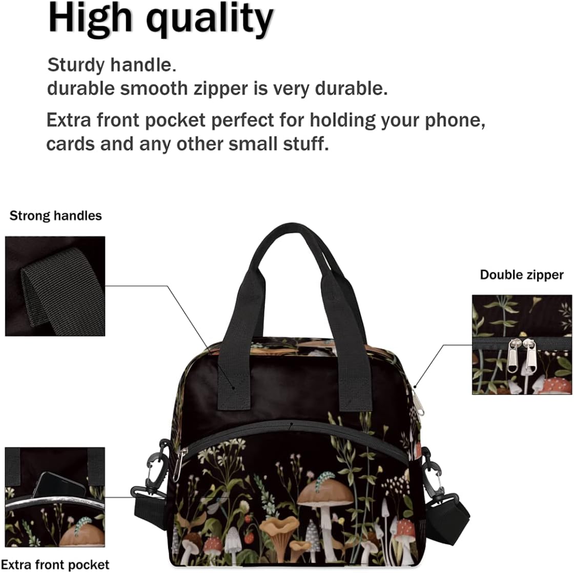 Lonchera con diseño de hongos del bosque, bolsa aisladaenfriadora para mujeres, hombres, niñas, niños, hojas de hierbas, bolsa de almuerzo con