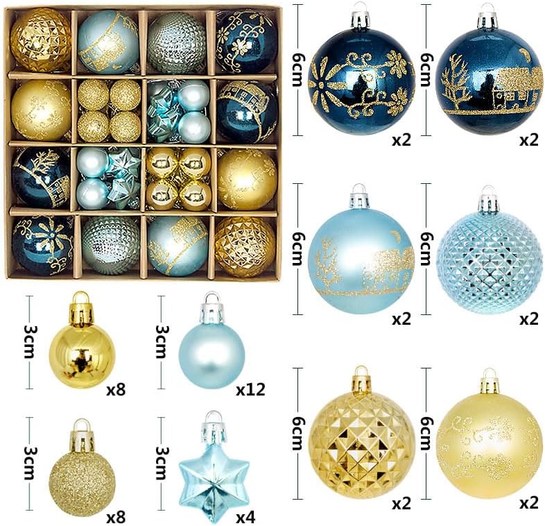 Bolas de Navidad decorativas para árbol de Navidad, 44 piezas inastillables, decoraciones para árbol de Navidad, bolas colgantes de varios colores,
