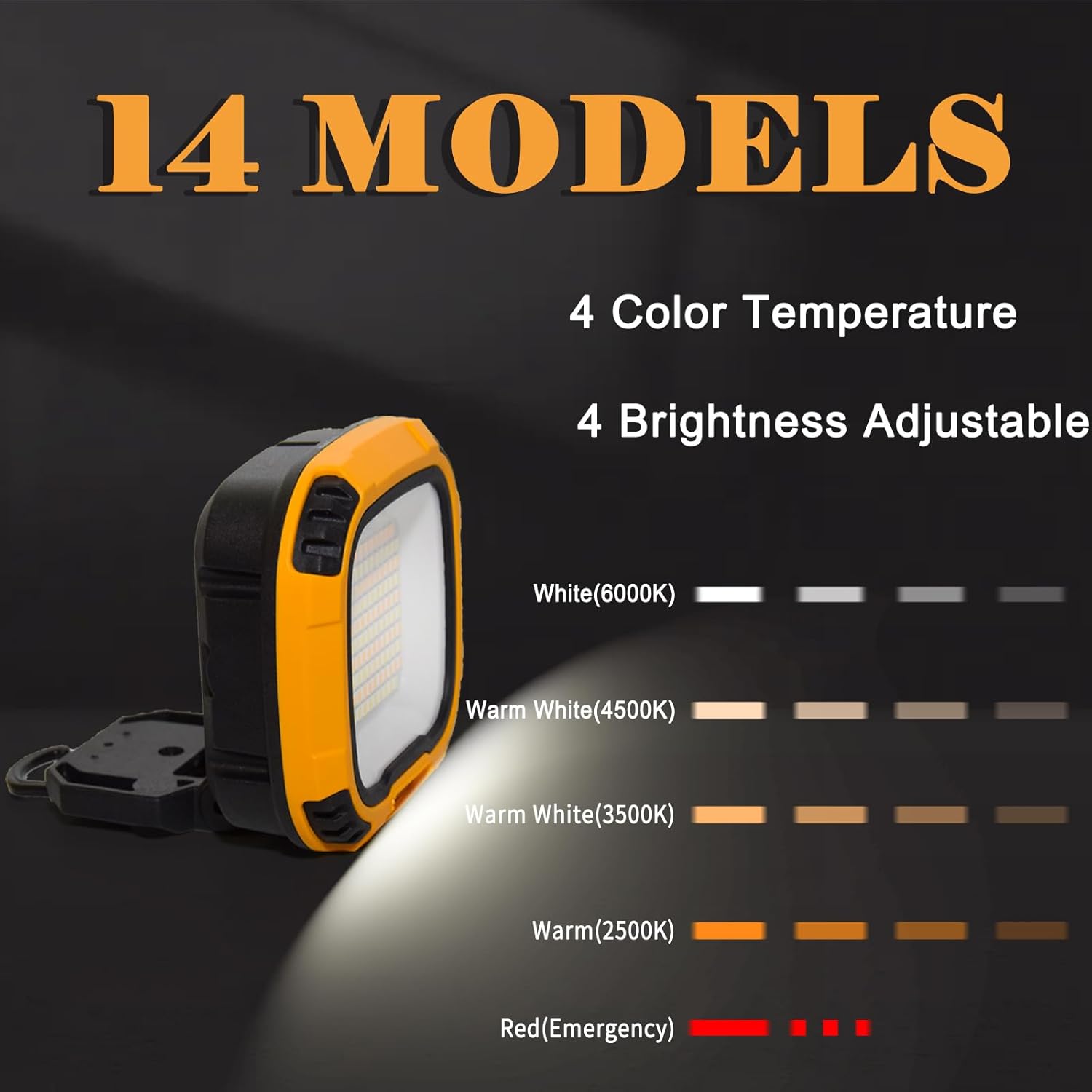 Luz de trabajo LED magnética, 50 W, 5000 lúmenes, luz de inundación portátil inalámbrica con modo SOS de emergencia, 4 niveles de brillo ajustable,