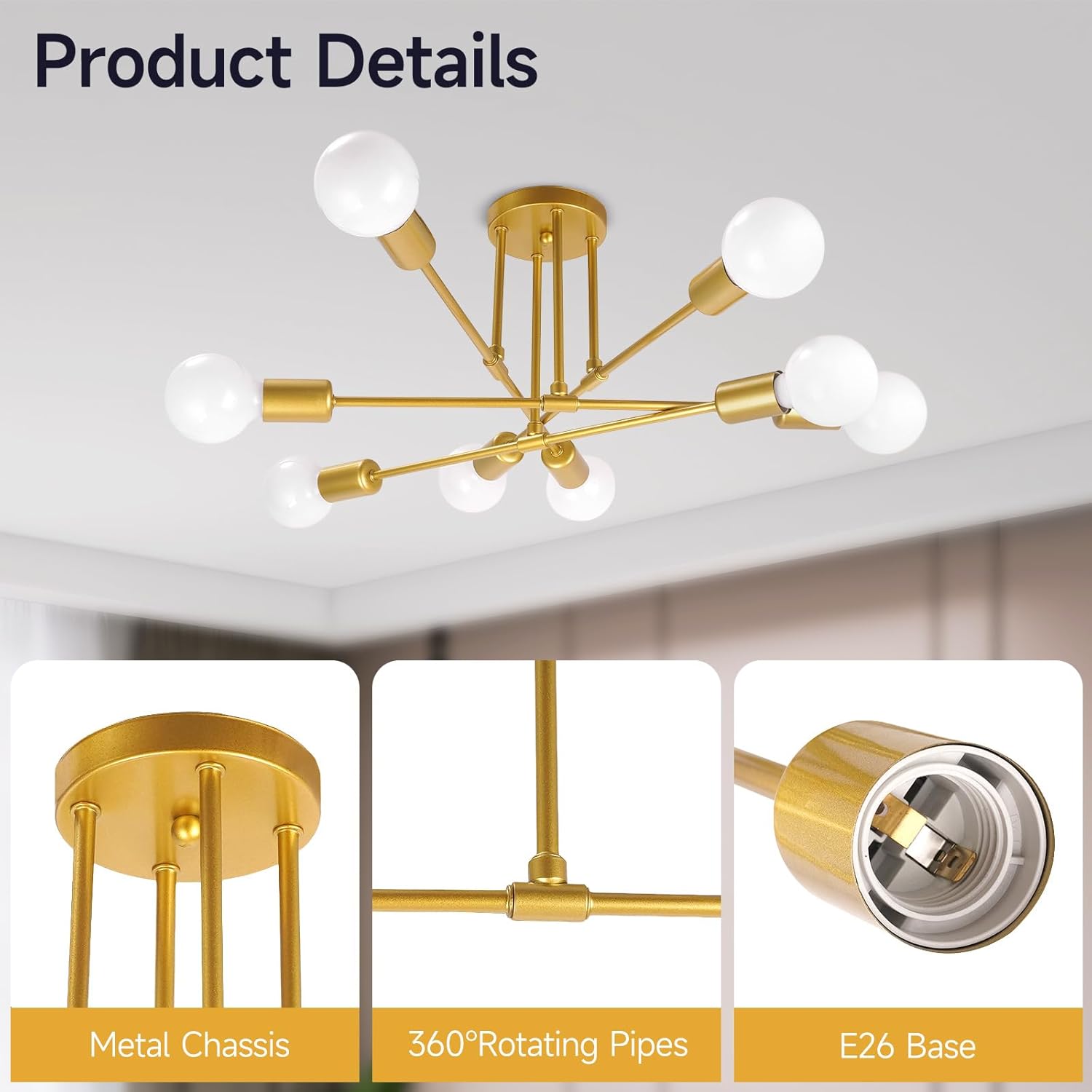 Moderno Sputnik – Lámpara de techo con 8 luces, lámparas de techo semiempotradas de mediados de siglo, para dormitorio, comedor, cocina, oficina