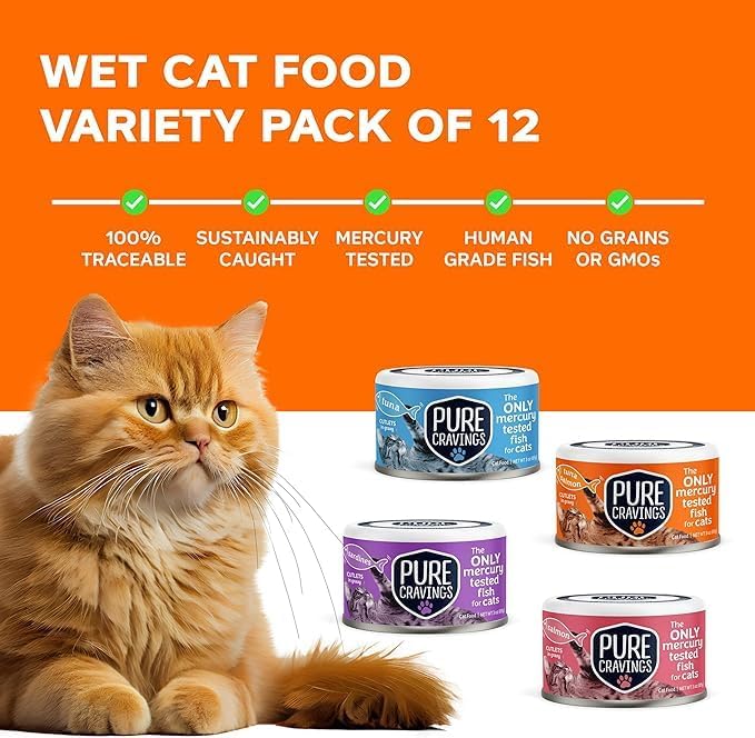 Pure Cravings Paquete variado de alimentos húmedos para gatos, atún, salmón, sardinas, atúnsalmón en salsa, 100% probado con mercurio, lata húmeda