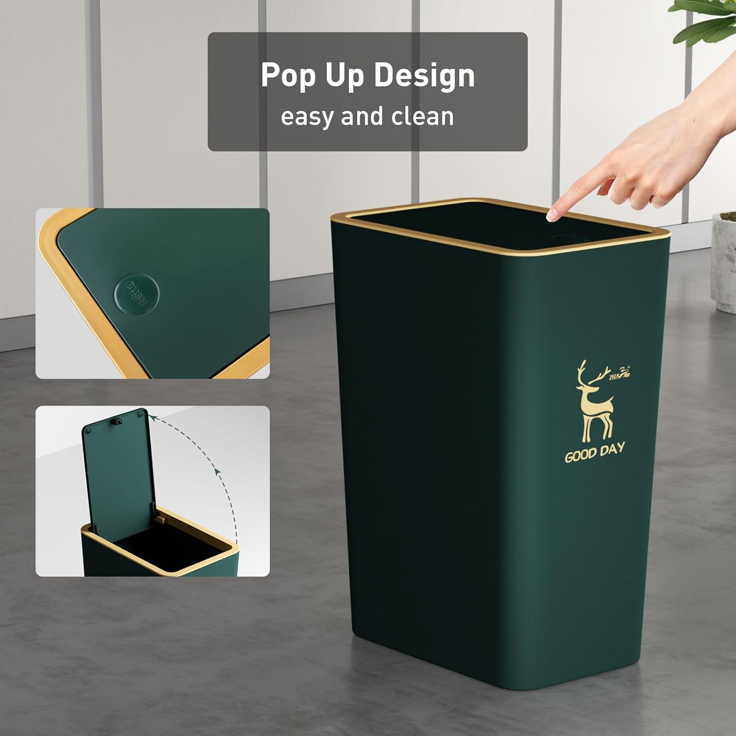 Bathroom Trash Can with Lid(4 Gallon+2.6 Gallon), Small Kitchen Garbage Can with Press Top, Modern Office Waste Basket Dog Proof, Plastic Slim