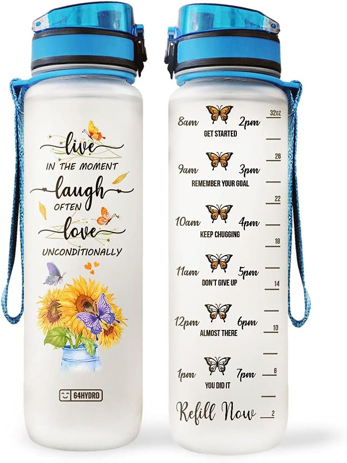 64HYDRO Botella de agua motivacional de 32 onzas con marcador de tiempo y filtro extraíble, regalos de mariposa de girasol de fe cristiana para