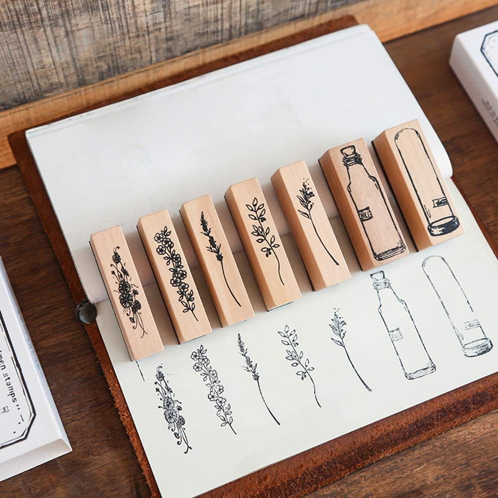 Juego de 7 sellos de goma de madera vintage, para plantas y flores, para manualidades, diario de letras y álbumes de recortes
