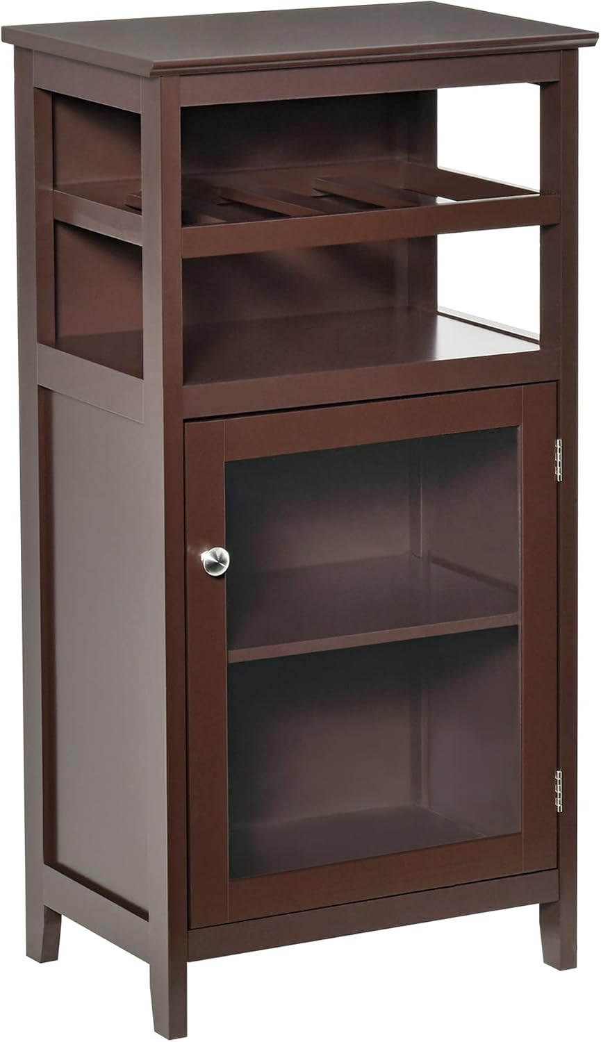 HOMCOM Gabinete de vino con estante para vino de 4 botellas, estante abierto, gabinete de puerta de acrílico con estante ajustable, espresso