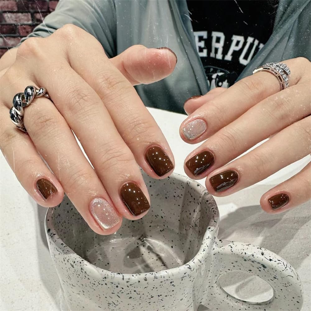 Uñas postizas a presión de ojo de gato, uñas postizas cortas cuadradas de acrílico marrón con diseño de ojo de gato, pegamento en gel artificial