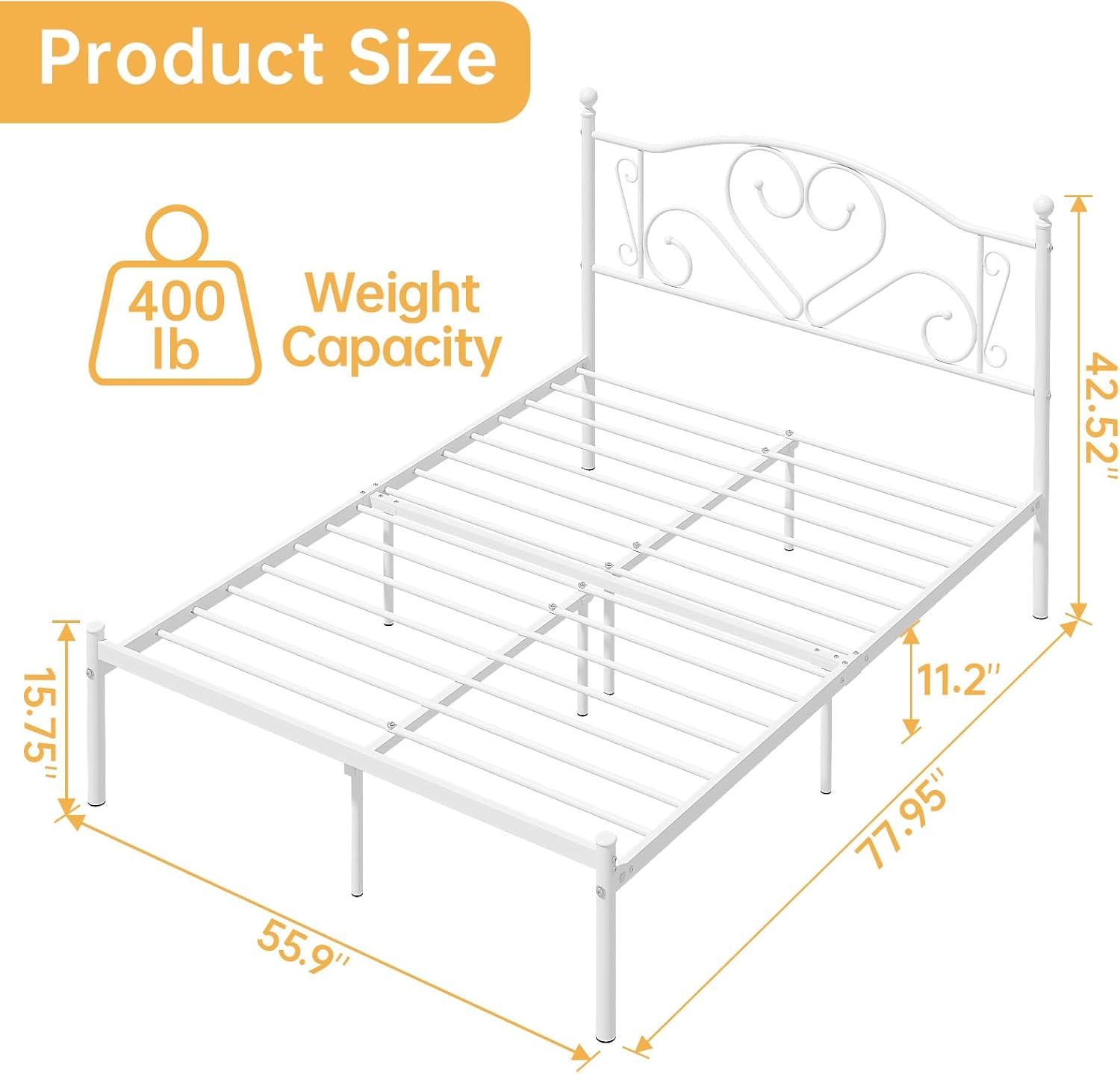 Weehom Base de cama de tamaño matrimonial con cabecero, plataforma de soporte de listones de acero resistente debajo de la cama, espacio de