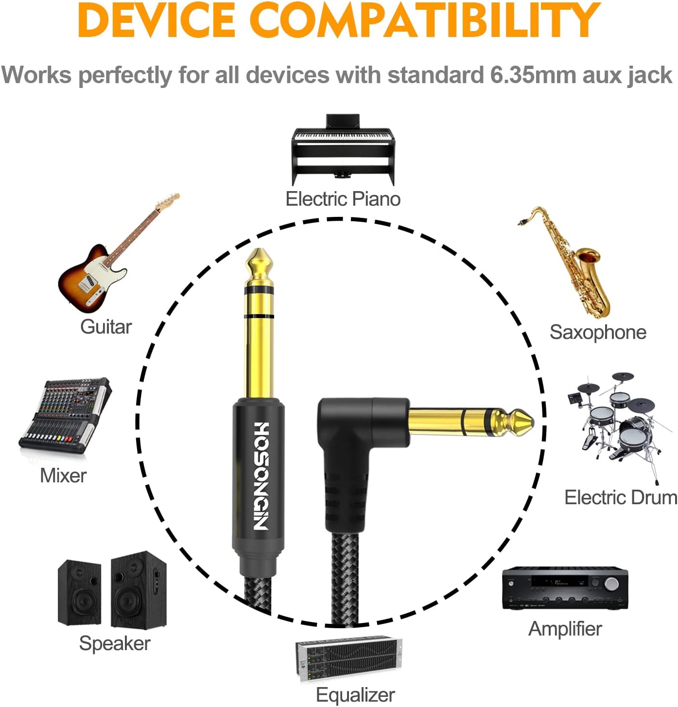 HOSONGIN Cable TRS para instrumentos de 14 de pulgada, paquete de 2 unidades de 10 pies, cable de audio estéreo macho de ángulo recto a recto de