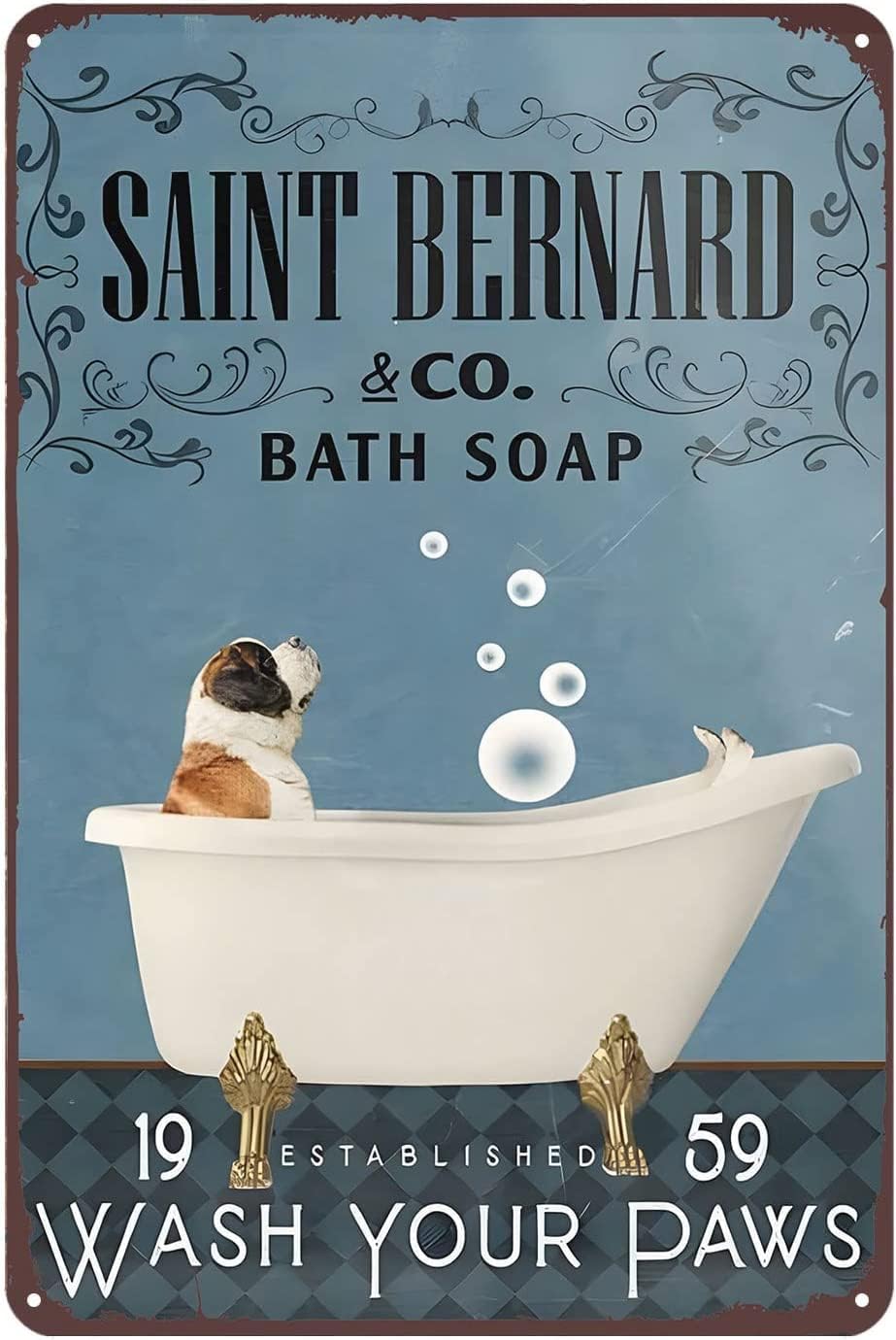 Cartel de metal divertido de San Bernardo de la compañía de jabón de baño de perro para el hogar, cocina, bar, cafetería, granja, club, cueva,