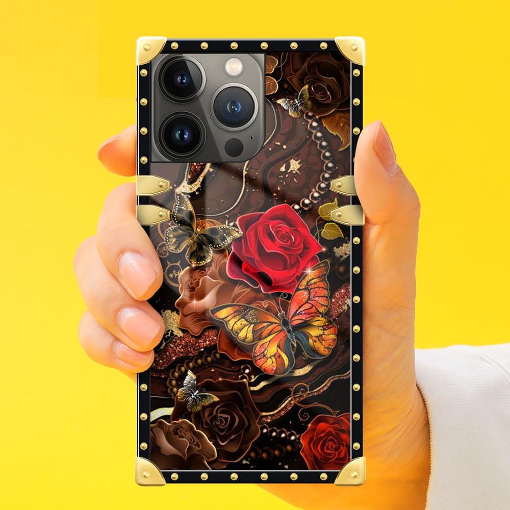 DAIZAG Funda compatible con iPhone 14 Pro Max, funda de mariposa dorada de cártamo para niñas y mujeres, decoración cuadrada de esquinas de metal,
