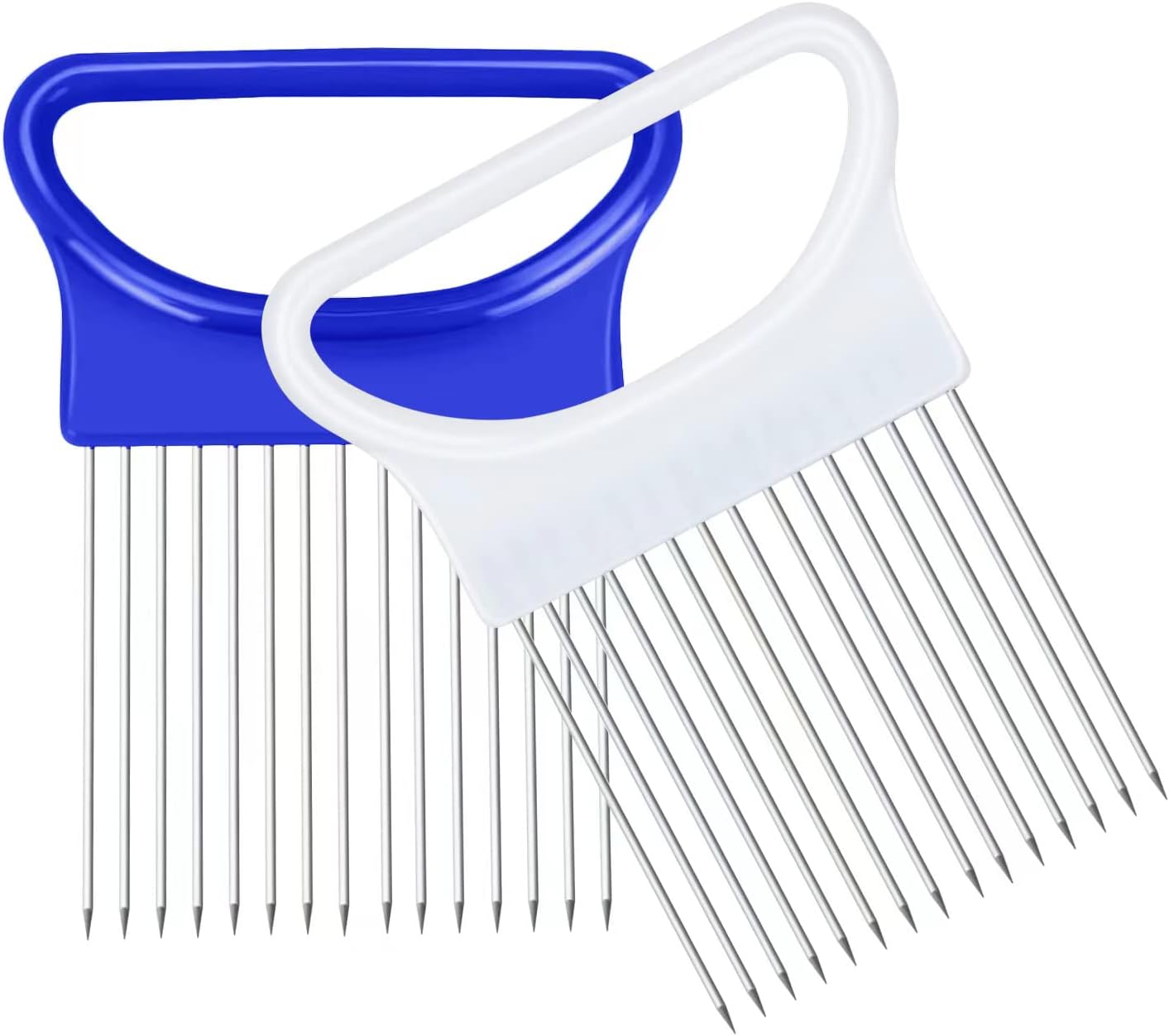 2Pcs Ruooson Onion Holder for Slicing, Stainless Steel Prongs Kitchen Slicer, Lemon Potato Cucumber Vegetable Cutter Comb,Meat Tenderizer,(white and