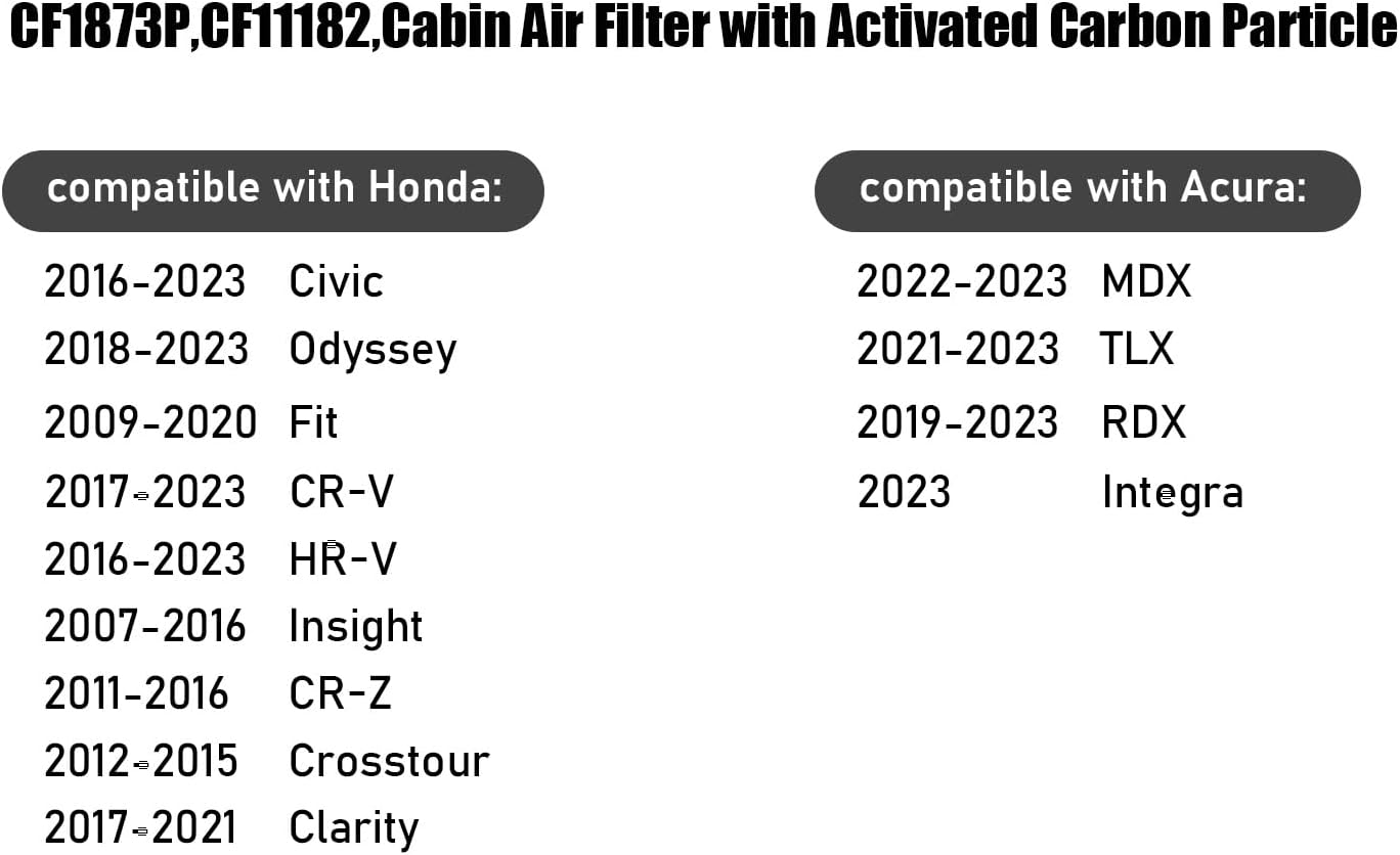 CAF1873P, CF11182, filtro de aire de cabina con partículas de carbón activado para Honda Civic 2016-2023, Odyssey 2018-2023, Fit 2009-2020, CR-V