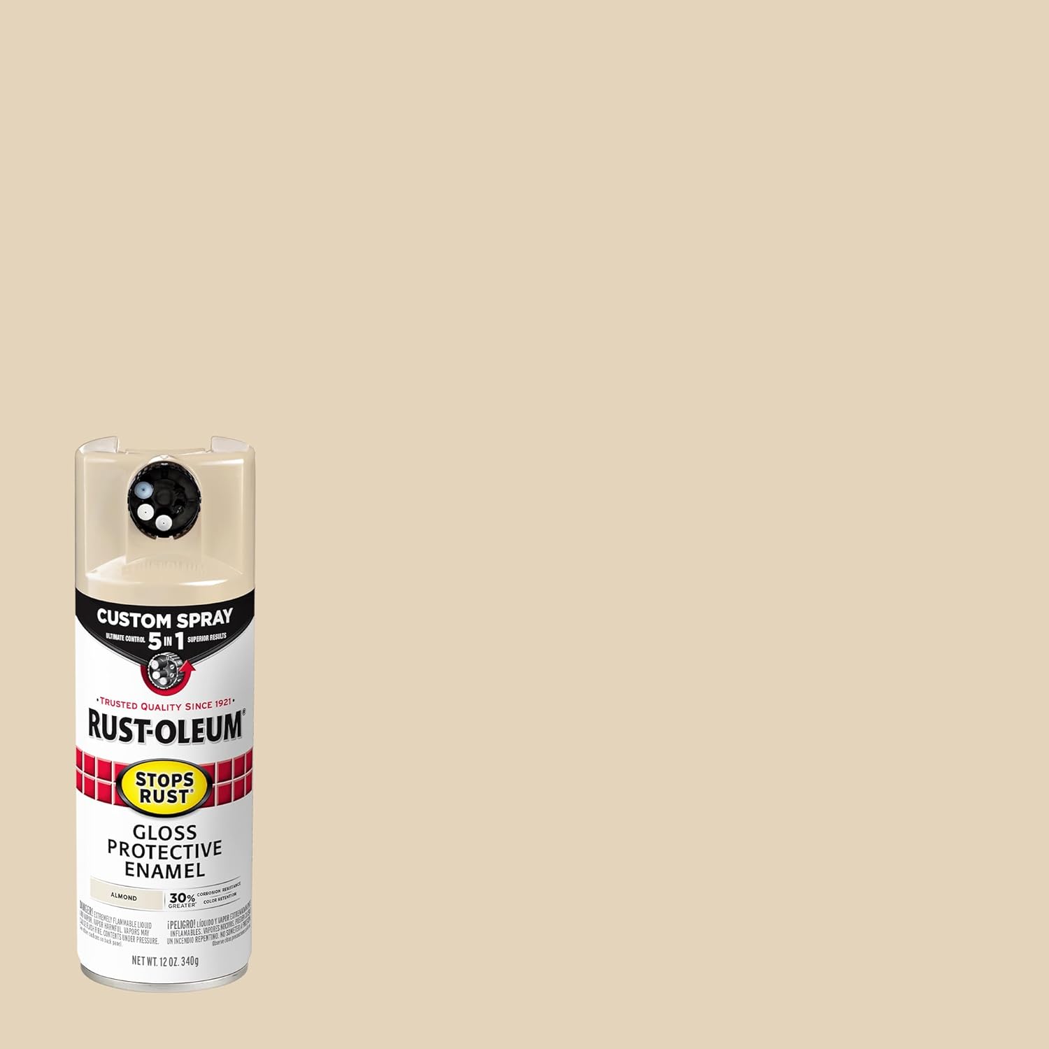 Rust-Oleum 376900 – Pintura en aerosol 5 en 1 personalizada para prevención del óxido, 12 onzas, almendra brillante