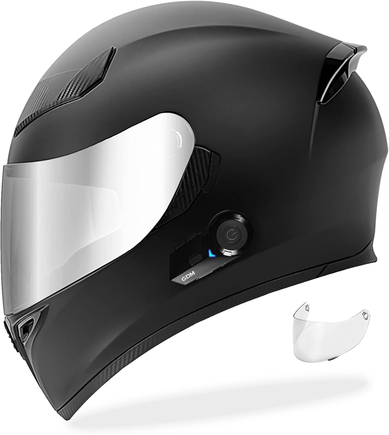 GDM Casco de motocicleta Bluetooth de cara completa con 3 escudos (dorado, plateado, transparente)