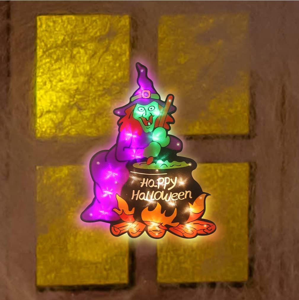 Decoración de silueta de ventana de Halloween con 20 luces LED, decoración de Halloween (bruja)