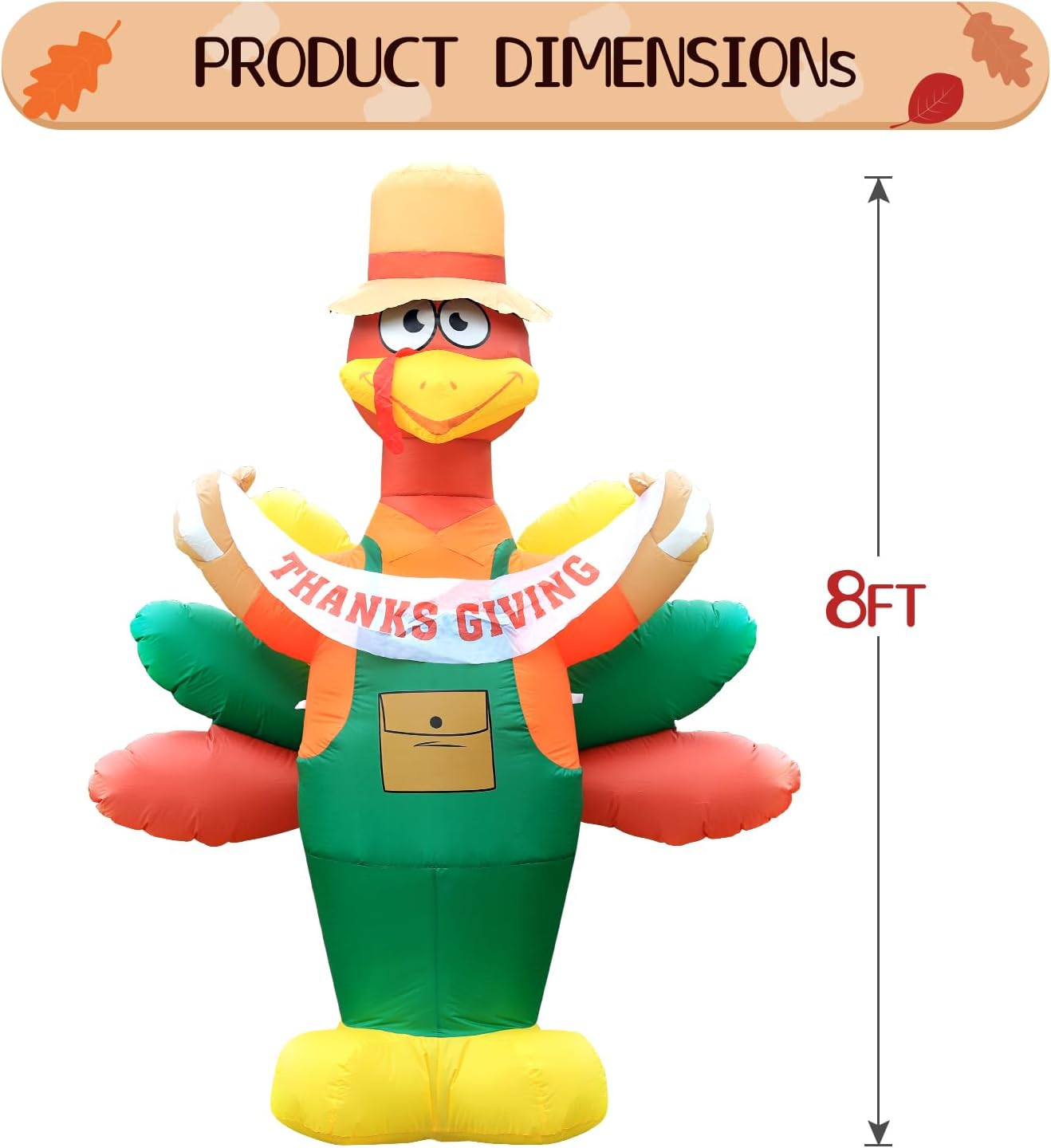 DomKom Decoraciones inflables de Acción de Gracias de 8 pies, pavo inflable como decoración de granjero con cola colorida y pancarta, feliz