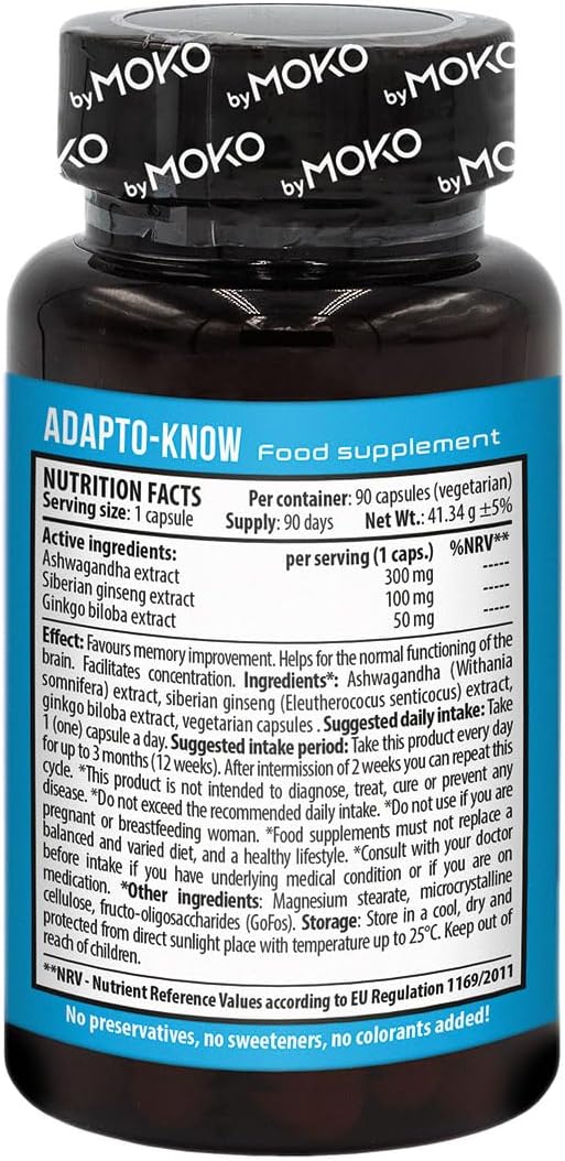 AdaptoKNOW Suplemento cerebral para memoria, concentración y concentración  Ashwagandha Ginkgo Biloba Siberian Ginseng Siberiano Nootropics