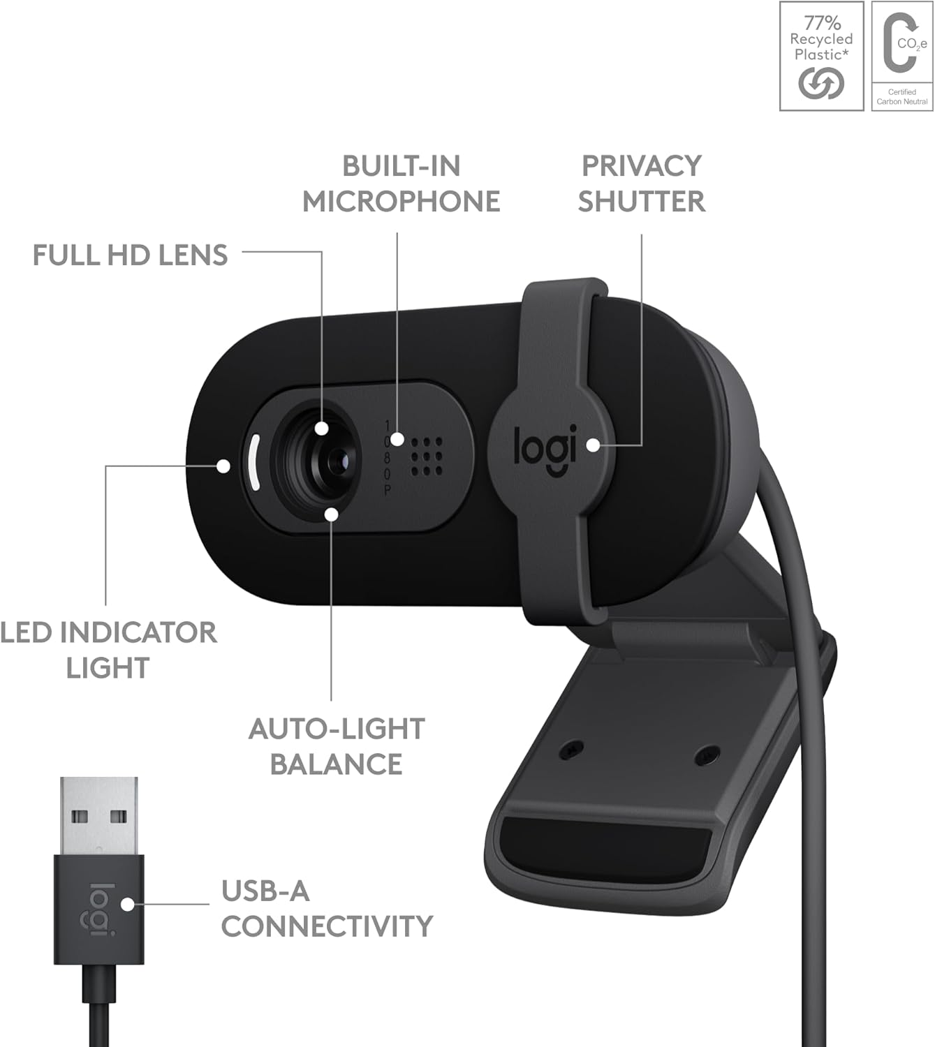 Logitech Cámara web Brio 101 Full HD 1080p hecha para reuniones y trabajos para transmisión equilibrio de luz automático, micrófono integrado,