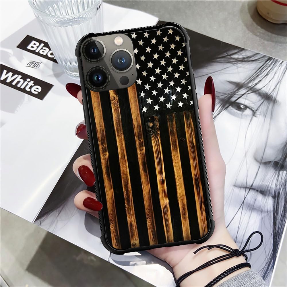 DJSOK Funda compatible con iPhone 15 Pro Max, funda clásica de grano de madera con bandera antigua para iPhone 15 Pro Max, funda para hombre y niña,