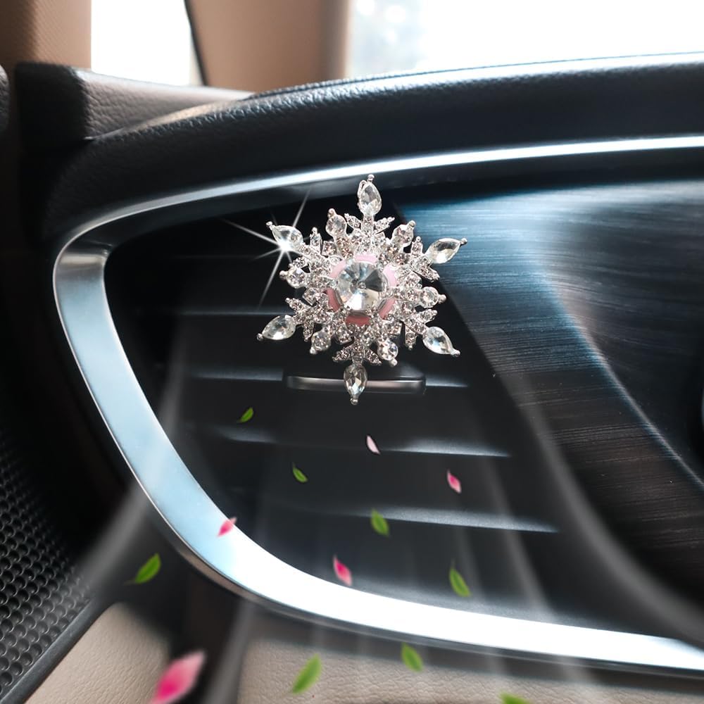 ORIESSE Clips de ventilación para ambientador de automóvil, 2 piezas de accesorios giratorios de copo de nieve plateados, accesorios de automóvil