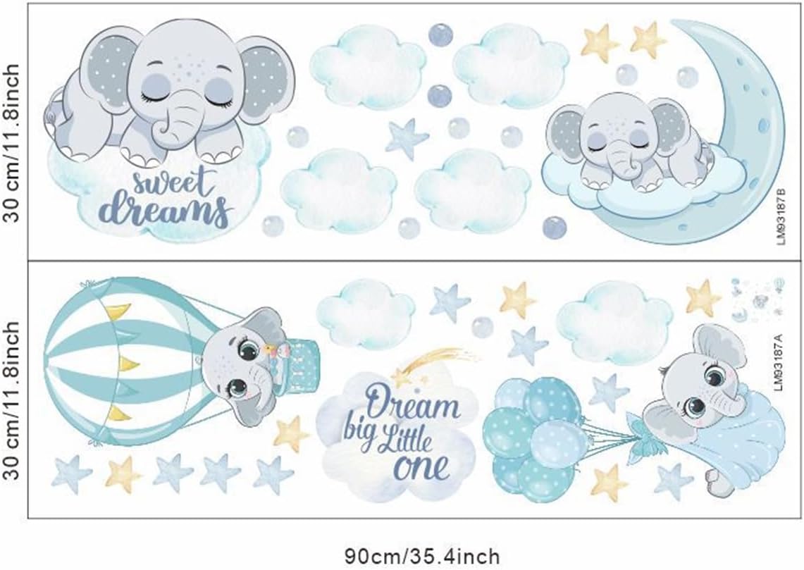 Calcomanías de pared de elefante azul con diseño de animales lindos, diseño de luna y estrellas, nube, globo de aire, papel tapiz extraíble, papel
