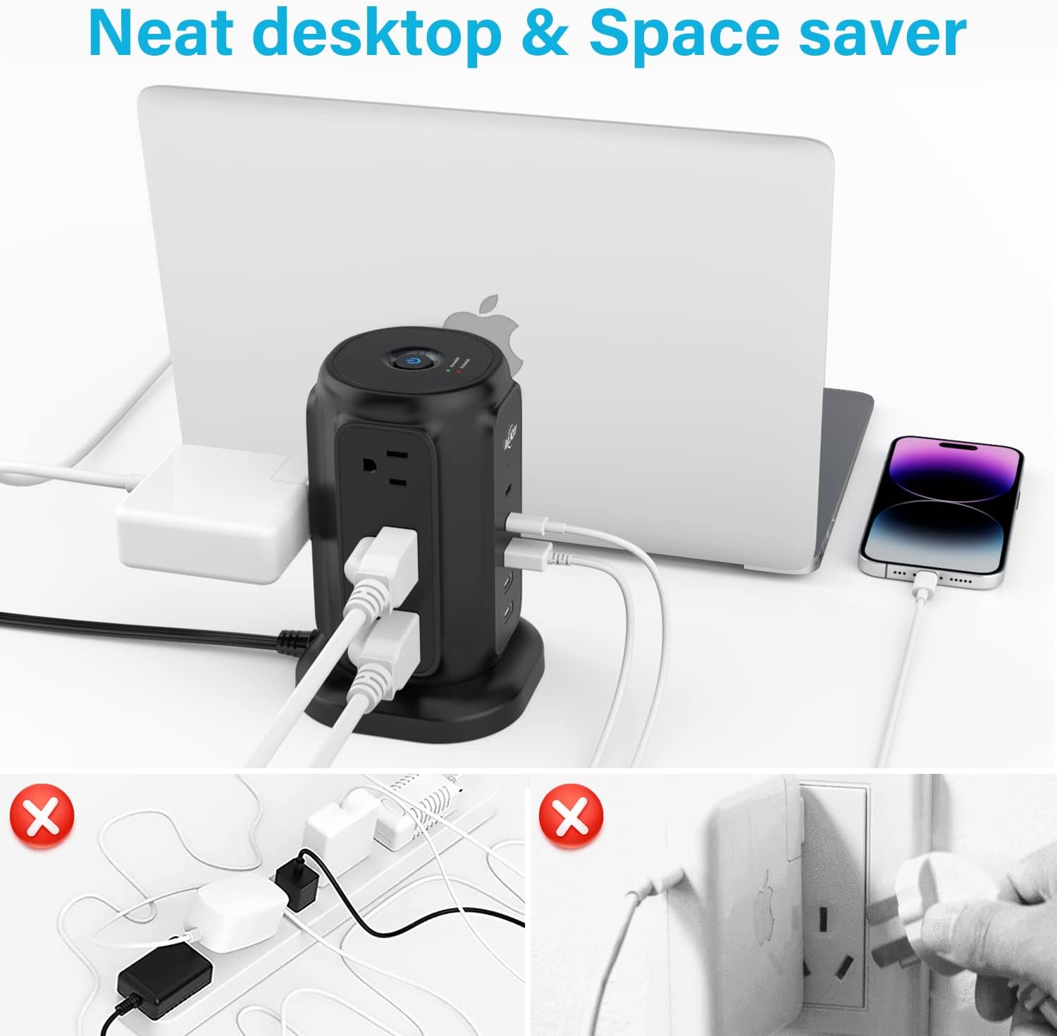 AiJoy – Regleta de alimentación de enchufe plano con 2 puertos USB-C y 3 puertos USB-A, cable de extensión ultrafino de 6.5 pies con múltiples