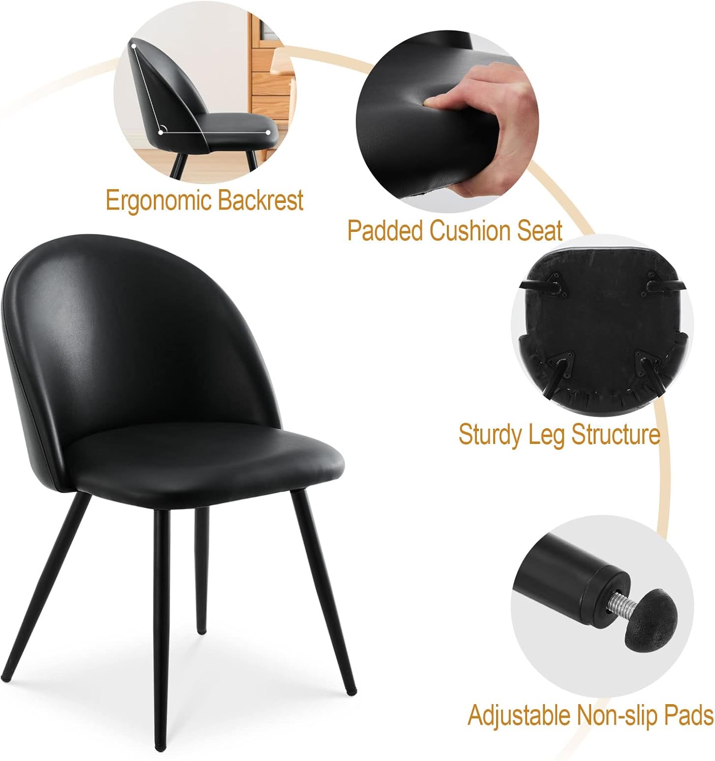 TUKAILAI Juego de 4 sillas de comedor de piel sintética, silla auxiliar moderna, asiento tapizado de poliuretano y respaldo con patas de metal para