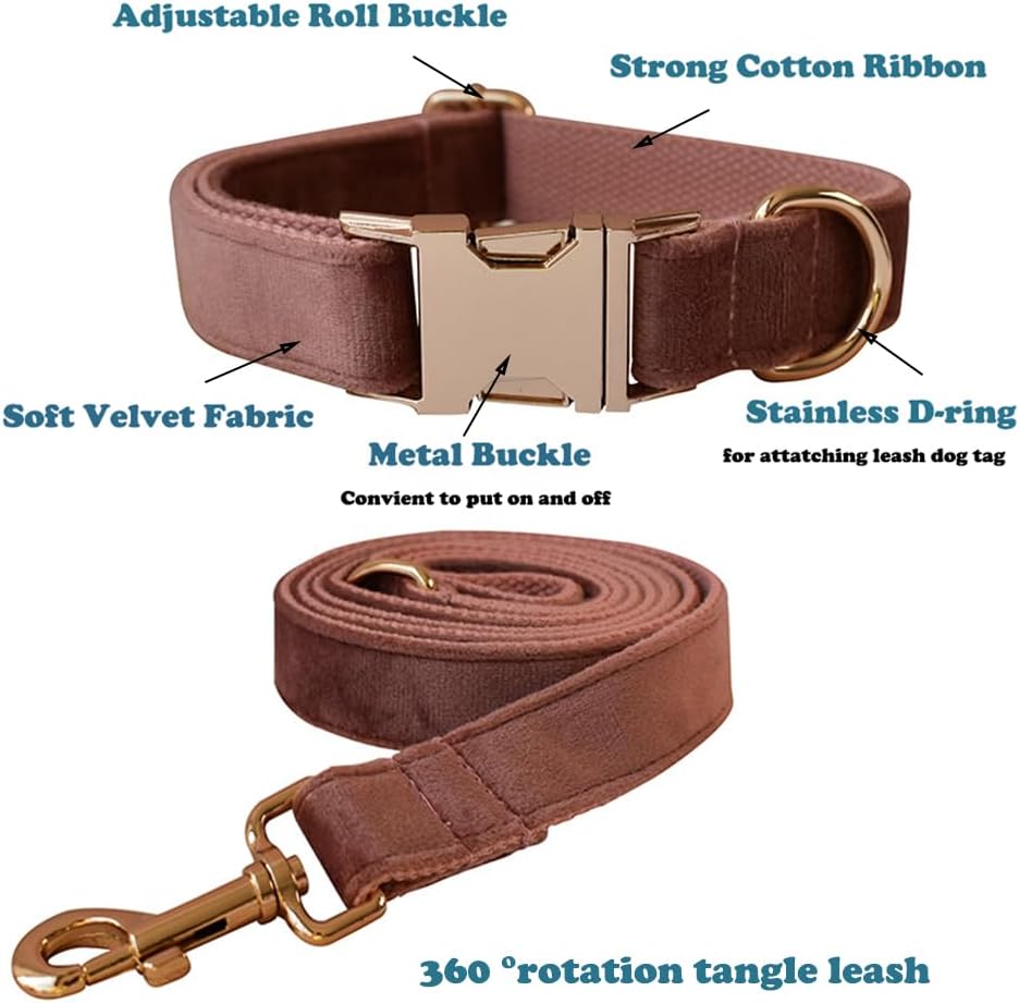 Juego de collar y correa de terciopelo para perro, collar y correa suaves y cómodos, collares ajustables con hebilla de metal resistente para perros
