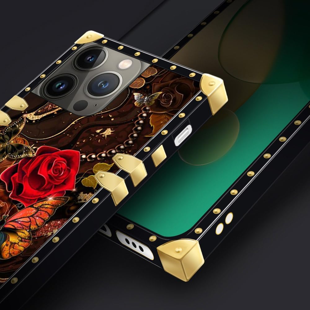 DAIZAG Funda compatible con iPhone 15 Pro Max, mariposa dorada de cártamo, para niñas y mujeres, decoración cuadrada de esquinas de metal,