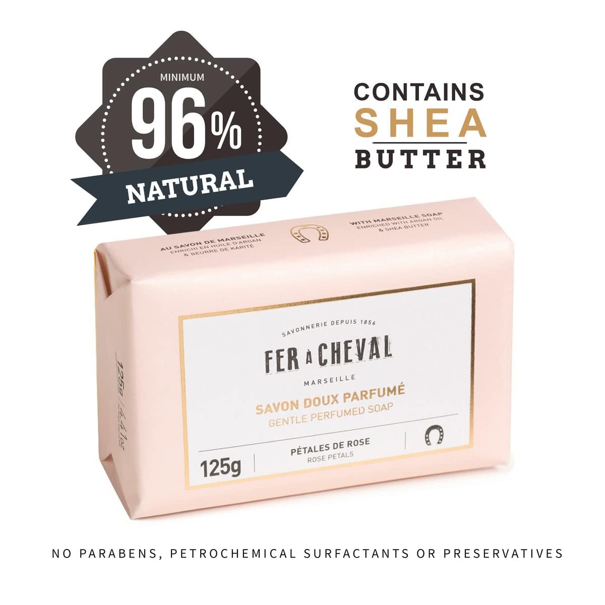 Fer à Cheval – Barra de jabón perfumado con pétalos de rosa, 4.41 oz (paquete de 2)  Suave hidratante natural, aceite de argán y manteca de karité