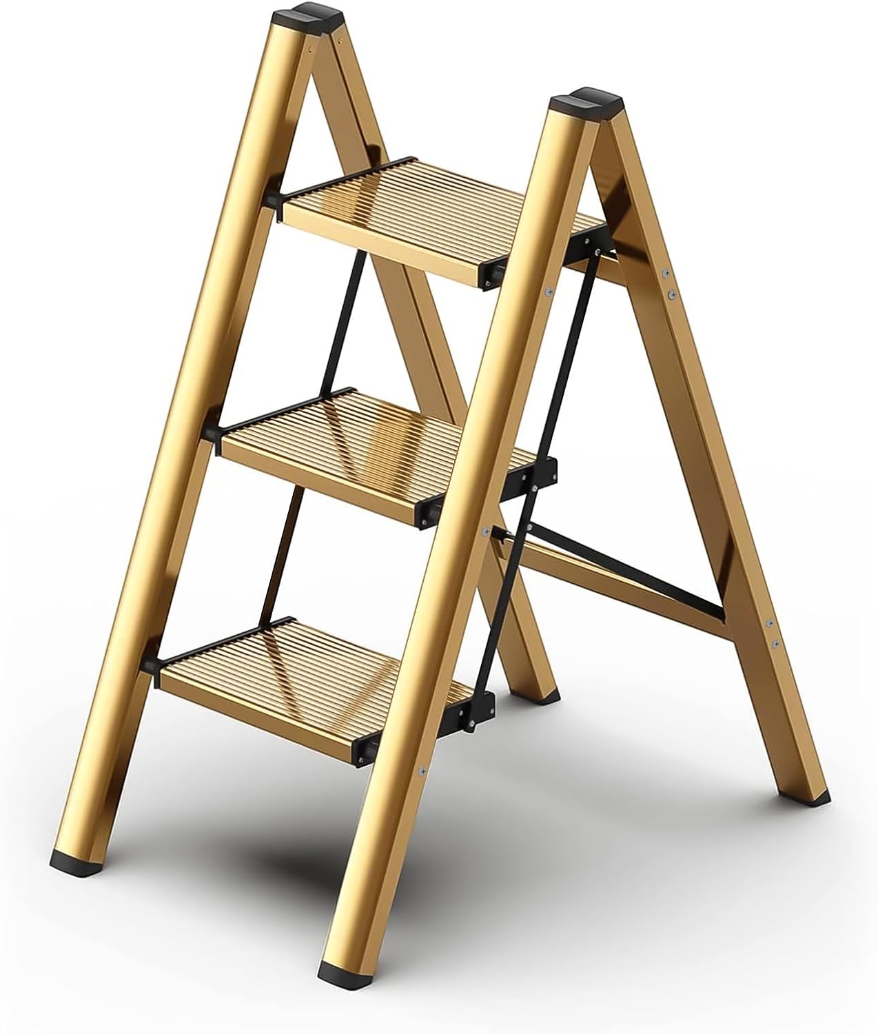 Taburete plegable de 3 escalones para armariococina-Escalera de aluminio dorado, escaleras plegables ligeras de 330 libras con pedal ancho
