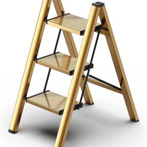 Taburete plegable de 3 escalones para armariococina-Escalera de aluminio dorado, escaleras plegables ligeras de 330 libras con pedal ancho Taburete plegable de 3 escalones para armariococina-Escalera de aluminio dorado, escaleras plegables ligeras de 330 libras con pedal ancho