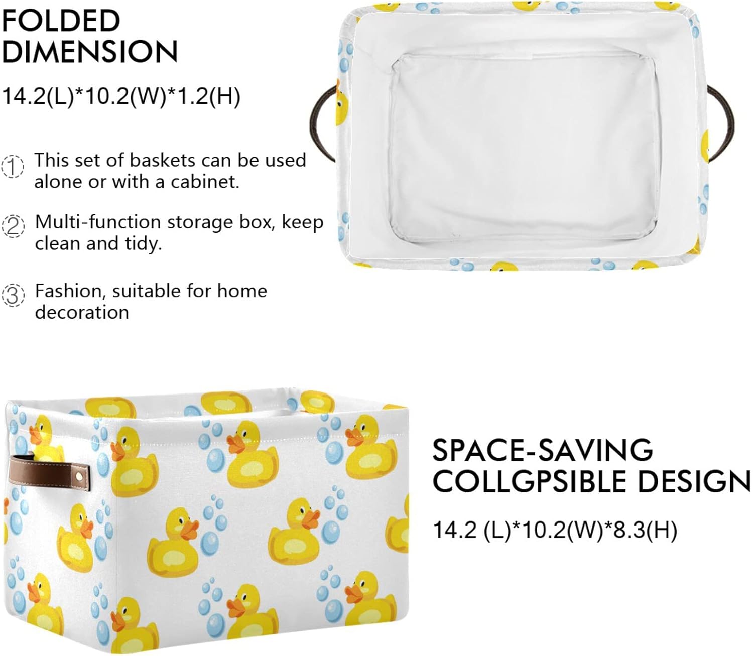 Cesta de almacenamiento rectangular de patos de goma amarillos, caja de almacenamiento plegable con asas de cuero, cestas de lavandería, organizador