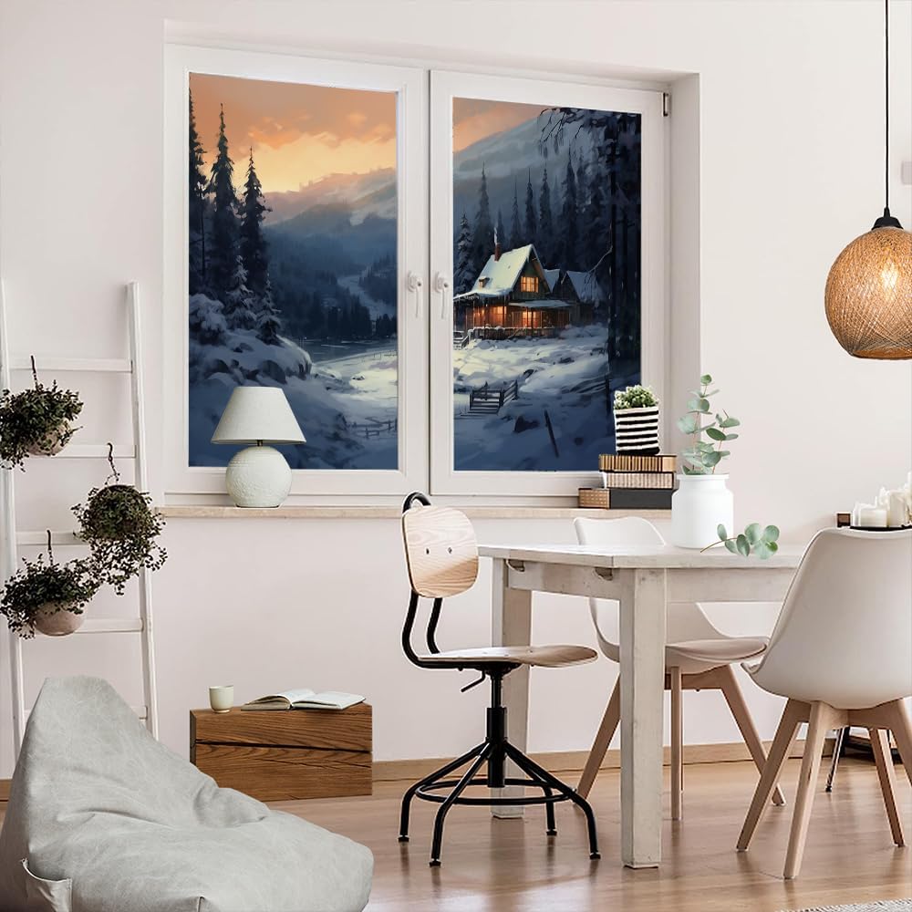Snow Mountain Chalet – Película para ventana, estilo vintage, bosque brillante, granja, película de privacidad para ventana, cubierta de puerta,