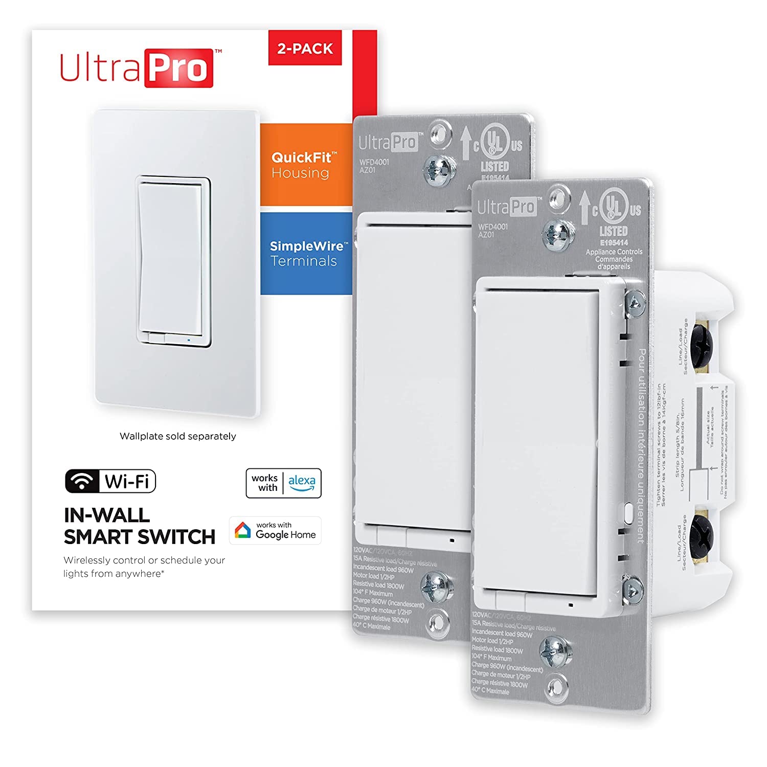 UltraPro Interruptor inteligente, interruptor de luz inteligente Wi-Fi de 2.4 GHz, QuickFit y SimpleWire, interruptor de 3 vías, funciona con Alexa,
